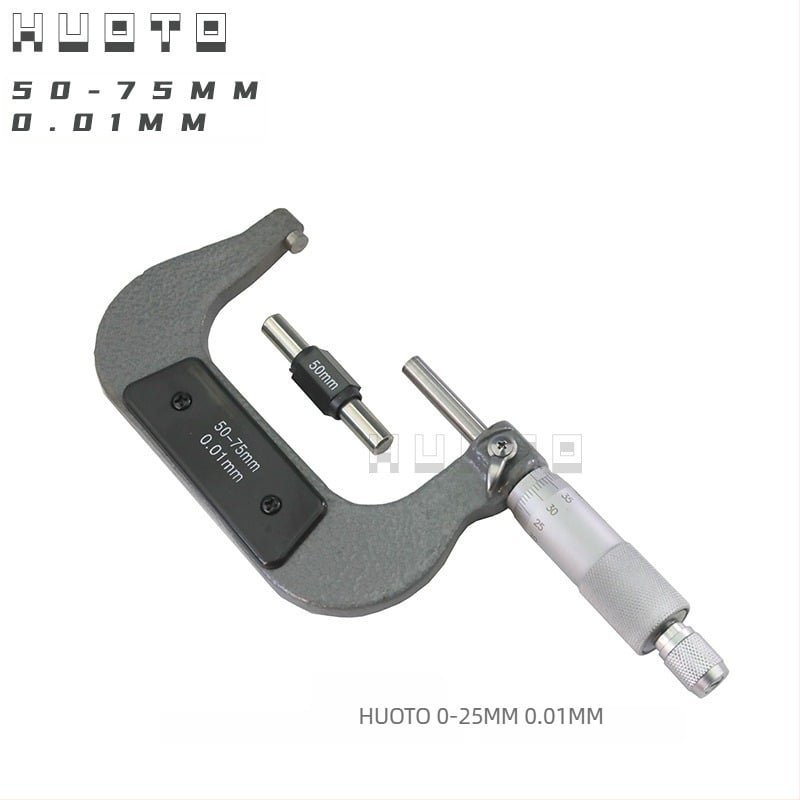 HUOTO menetmikrométer, tartomány 0-100 mm, külső átmérő mérés, menet középdiaméterének mérése, vastagságmérő kiegészítők