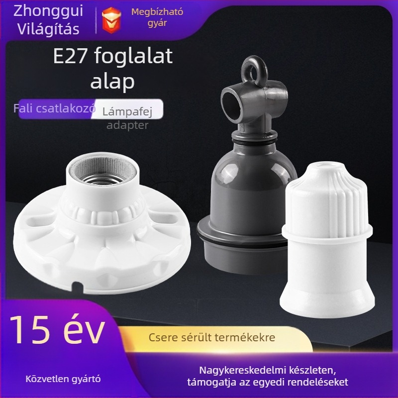 E27 kerámia csavaros lámpatartó, PVC test és árnyékoló, IP20, modell QPD-008, tápfeszültség aljzatból