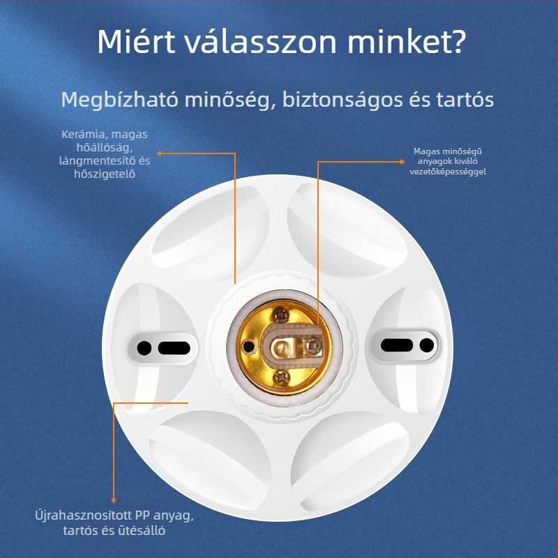 E27 kerámia csavaros lámpatartó, PVC test és árnyékoló, IP20, modell QPD-008, tápfeszültség aljzatból