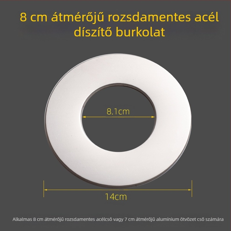 Kerek rozsdamentes acélból készült dekoratív fedél bojler füstcsövéhez – beépített osztott dugó a falnyíláshoz, falvastagság 0,3 mm, osztály 1