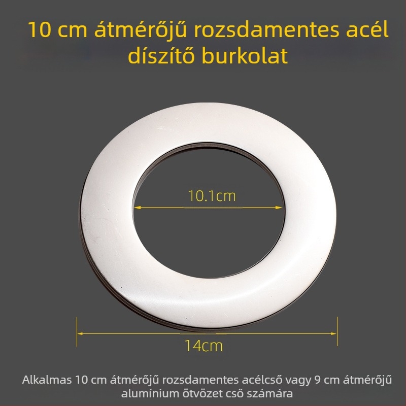 Kerek rozsdamentes acélból készült dekoratív fedél bojler füstcsövéhez – beépített osztott dugó a falnyíláshoz, falvastagság 0,3 mm, osztály 1