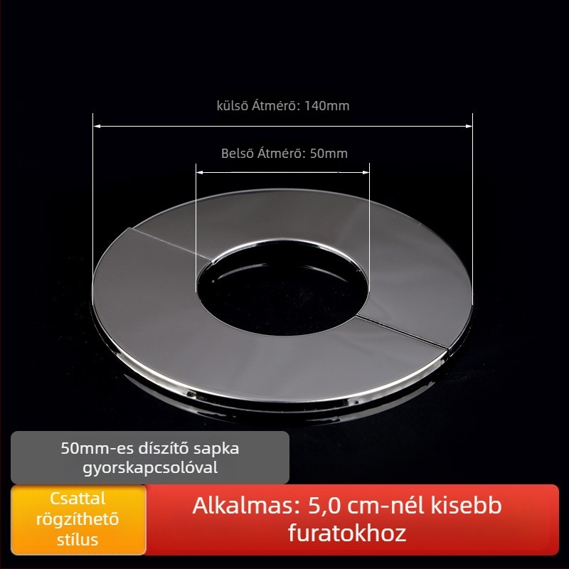 Kerek rozsdamentes acélból készült dekoratív fedél bojler füstcsövéhez – beépített osztott dugó a falnyíláshoz, falvastagság 0,3 mm, osztály 1