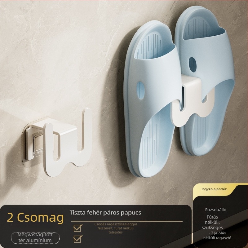 Fürdőszobai papucs tartó, falra szerelhető, szénacélból, fúrás nélküli szerelés, leeresztő kampóval, fényes luxus stílus