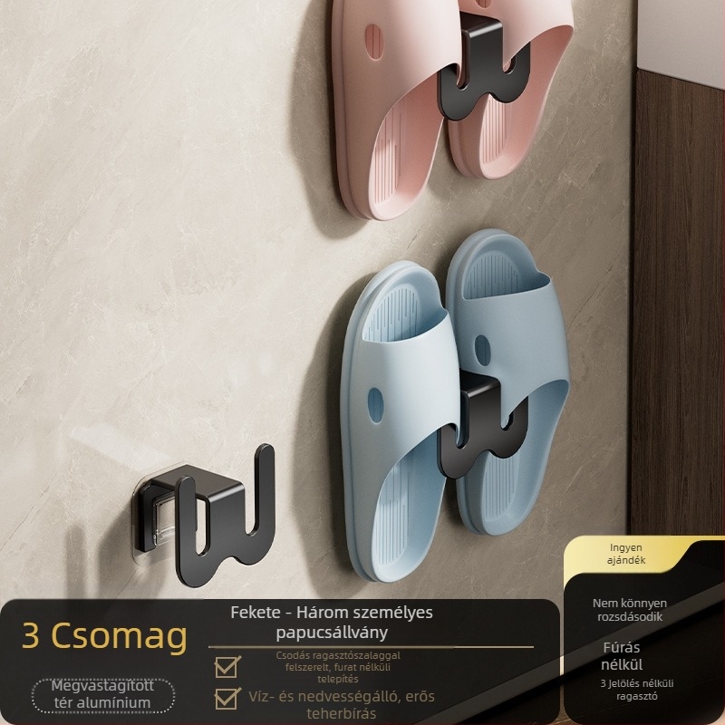 Fürdőszobai papucs tartó, falra szerelhető, szénacélból, fúrás nélküli szerelés, leeresztő kampóval, fényes luxus stílus