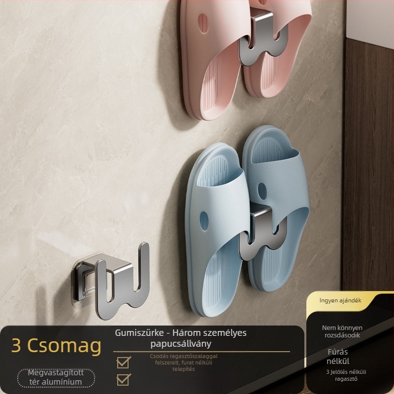 Fürdőszobai papucs tartó, falra szerelhető, szénacélból, fúrás nélküli szerelés, leeresztő kampóval, fényes luxus stílus