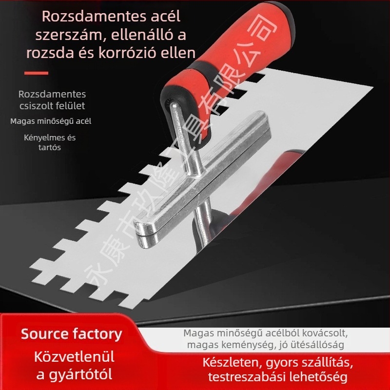 Rozsdamentes acélból készült, szeg nélküli glettelővas fogazott kaparóval téglázáshoz és vakoláshoz (Jiulong Tools; Modell: Fogazott kés)