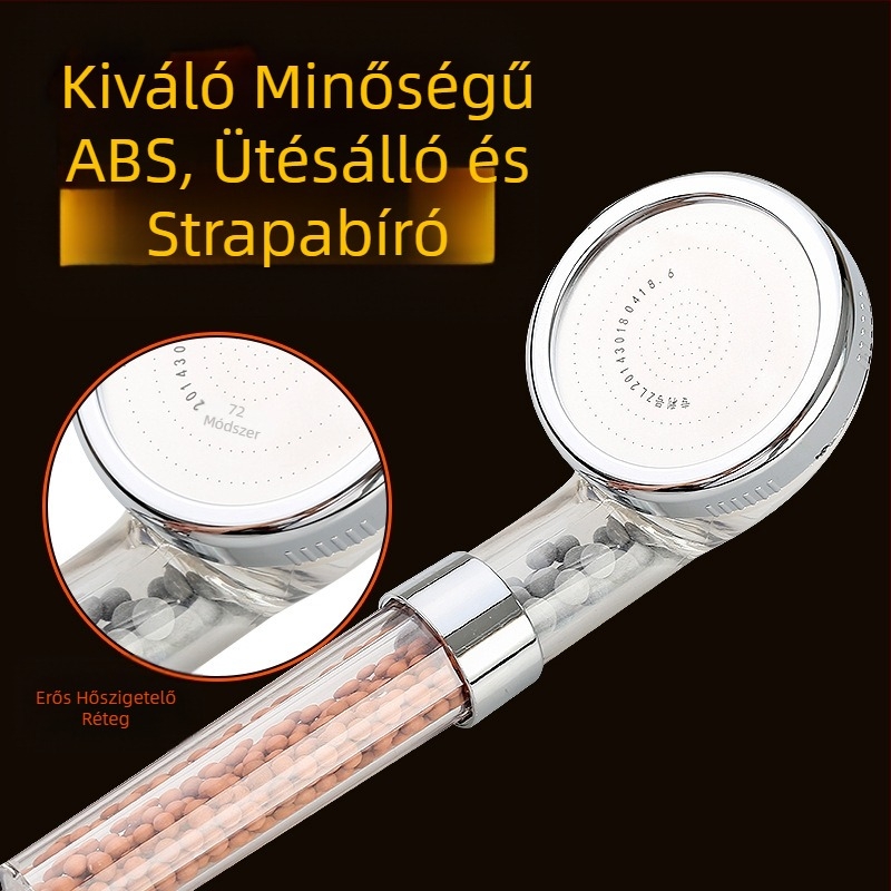 Hordozható negatív ionos zuhanyfej, ABS anyag, masszázs- és esőfunkciók, menetes szerelés
