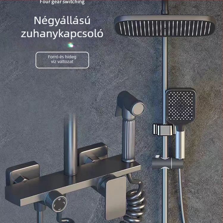 Falra szerelt zuhanykészlet, négyszögletes fej, rézanyag, négy beállítás, dupla csaptelep, emelő tartó, modell 8810