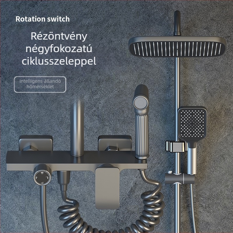 Falra szerelt zuhanykészlet, négyszögletes fej, rézanyag, négy beállítás, dupla csaptelep, emelő tartó, modell 8810