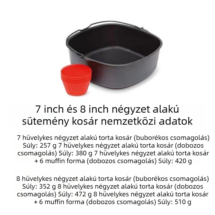Szénacél tortaformák, kör és négyzet alakúak, légsütő kiegészítőkhöz, 40 darabos doboz