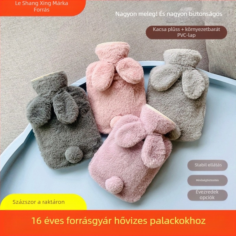 Plüss melegvizes palack vízzel töltve, aranyos design; PVC nagy sűrűségű; melegítés vízzel történik; kézre, lábra, derékra, hasra, fejre és hátulra használható; meleg és hideg kettős használat.