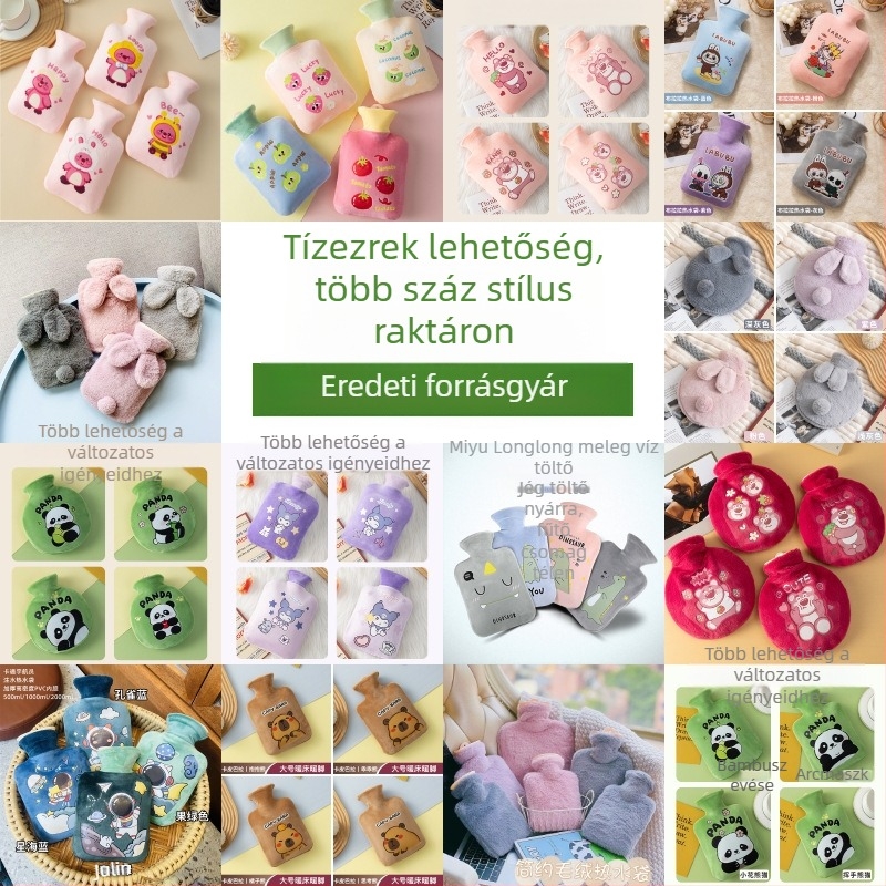 Plüss melegvizes palack vízzel töltve, aranyos design; PVC nagy sűrűségű; melegítés vízzel történik; kézre, lábra, derékra, hasra, fejre és hátulra használható; meleg és hideg kettős használat.