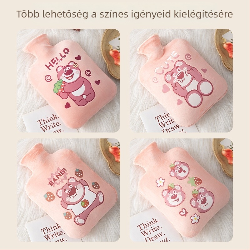 Plüss melegvizes palack vízzel töltve, aranyos design; PVC nagy sűrűségű; melegítés vízzel történik; kézre, lábra, derékra, hasra, fejre és hátulra használható; meleg és hideg kettős használat.