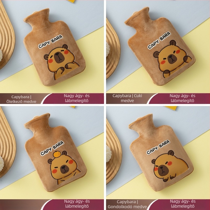 Plüss melegvizes palack vízzel töltve, aranyos design; PVC nagy sűrűségű; melegítés vízzel történik; kézre, lábra, derékra, hasra, fejre és hátulra használható; meleg és hideg kettős használat.