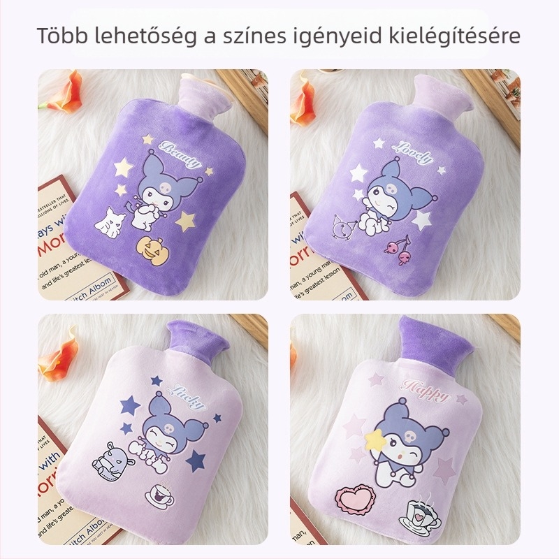Plüss melegvizes palack vízzel töltve, aranyos design; PVC nagy sűrűségű; melegítés vízzel történik; kézre, lábra, derékra, hasra, fejre és hátulra használható; meleg és hideg kettős használat.