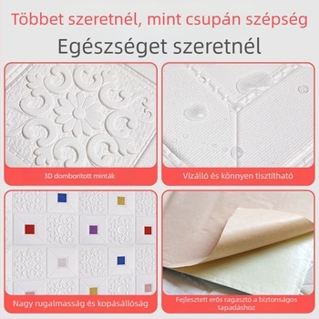 Öntapadós 3D habtéglás falmatrica, vízálló és penészmentes, antistatikus és hangszigetelő; XPE habanyagból; minták: egységes szín, szív, geometria, ötágú csillag, növények; nappali, hálószoba és dolgozószoba.