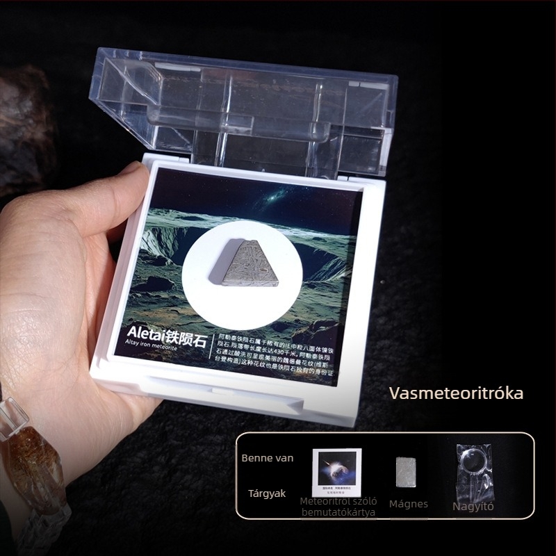 Campo medál olivin meteoritból, vas meteorit, geometriai forma, mintadarab ajándék