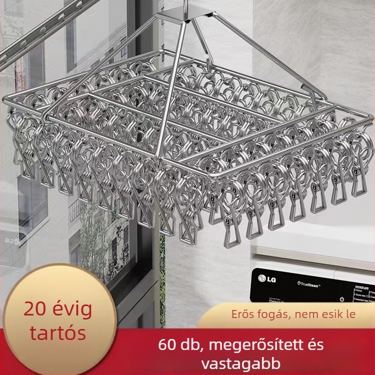 Rozsdamentes acélból készült, többklipszes szárítóállvány, összecsukható, zoknik, alsóneműk és sálak számára
