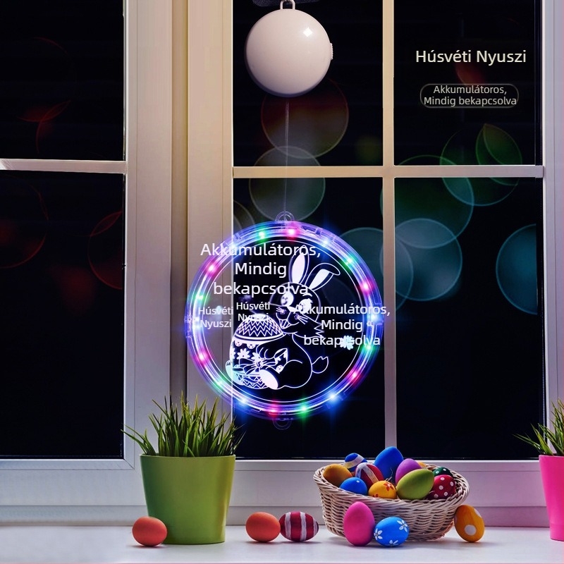 Húsvéti nyuszi LED-sor dekoráció, 3D szívókorongos függő lámpa