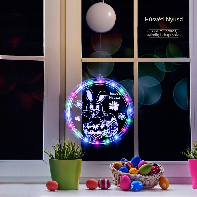 Húsvéti nyuszi LED-sor dekoráció, 3D szívókorongos függő lámpa