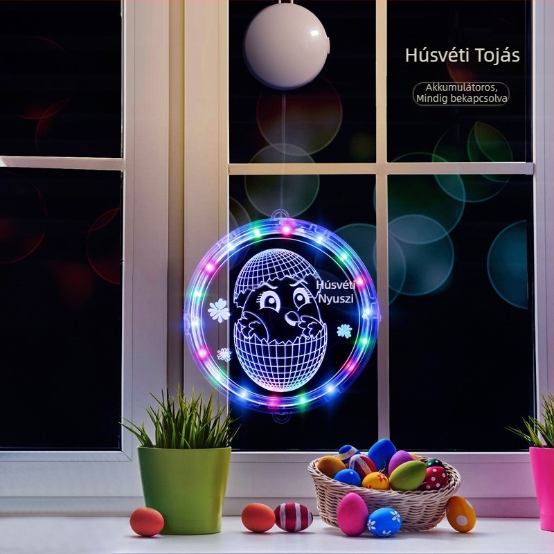 Húsvéti nyuszi LED-sor dekoráció, 3D szívókorongos függő lámpa
