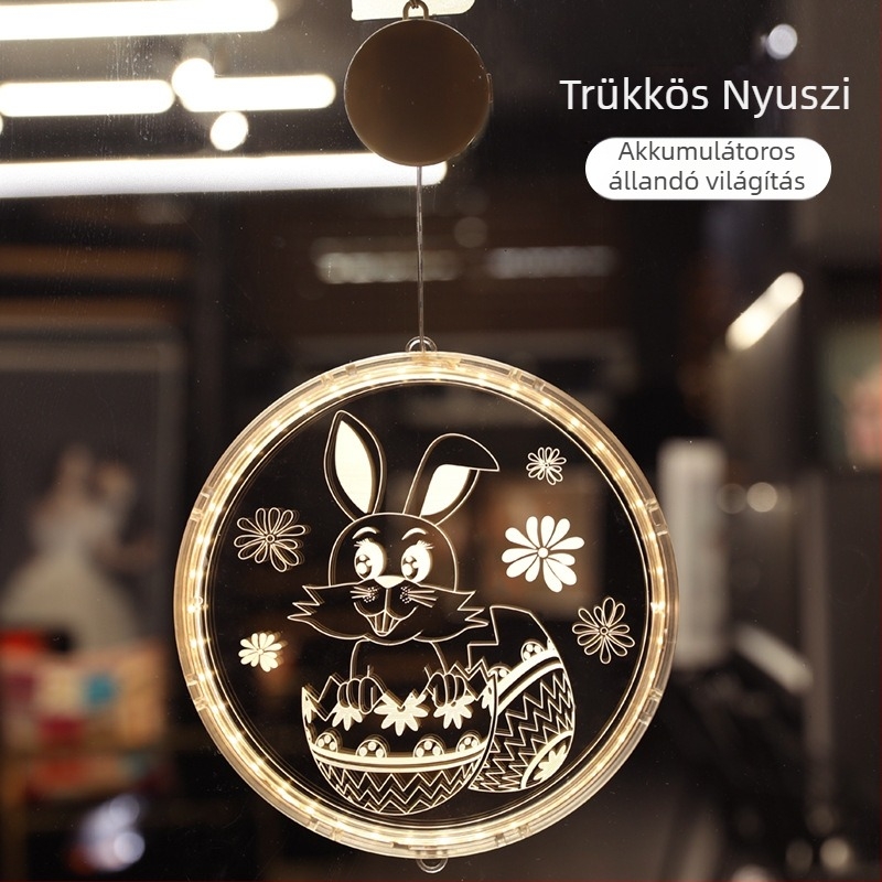 Húsvéti nyuszi LED-sor dekoráció, 3D szívókorongos függő lámpa