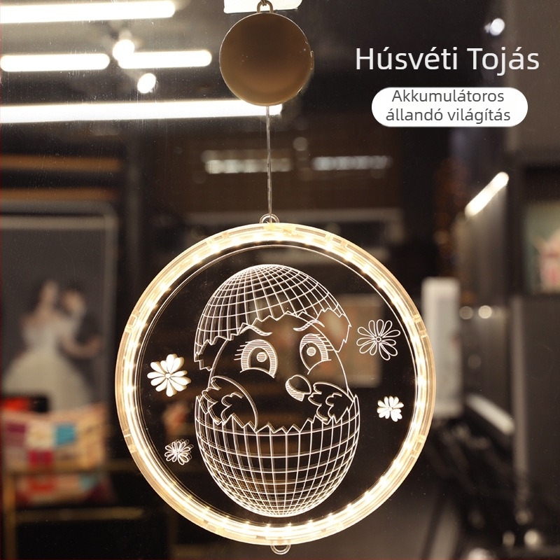 Húsvéti nyuszi LED-sor dekoráció, 3D szívókorongos függő lámpa