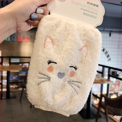 Gyerekeknek készült hosszú védőkesztyű macska hímzéssel, plüss polár anyag, cartoon mintázat, őszi-téli szezon, szennyeződés elleni