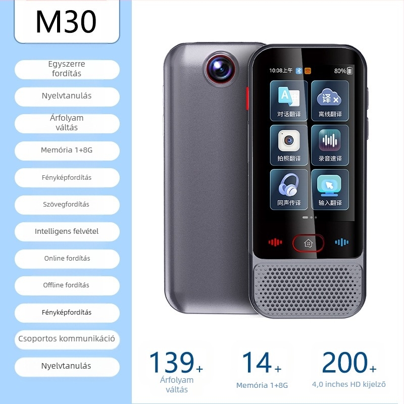 Többnyelvű fordító offline fordítással és telefonos fordítással • Android-alapú • Bluetooth támogatott • Vezeték nélküli hatótáv 5 m • Üzemmód: gomb + érintőképernyő