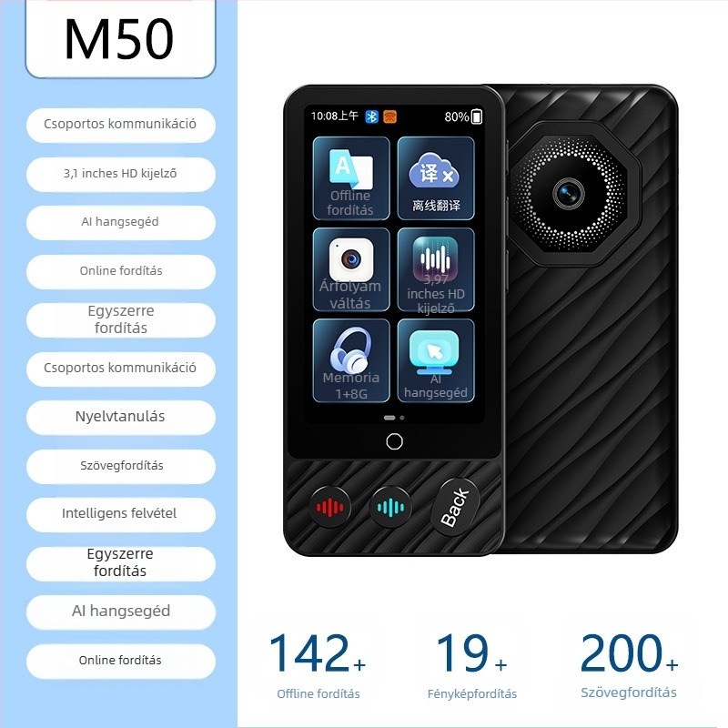 Többnyelvű fordító offline fordítással és telefonos fordítással • Android-alapú • Bluetooth támogatott • Vezeték nélküli hatótáv 5 m • Üzemmód: gomb + érintőképernyő