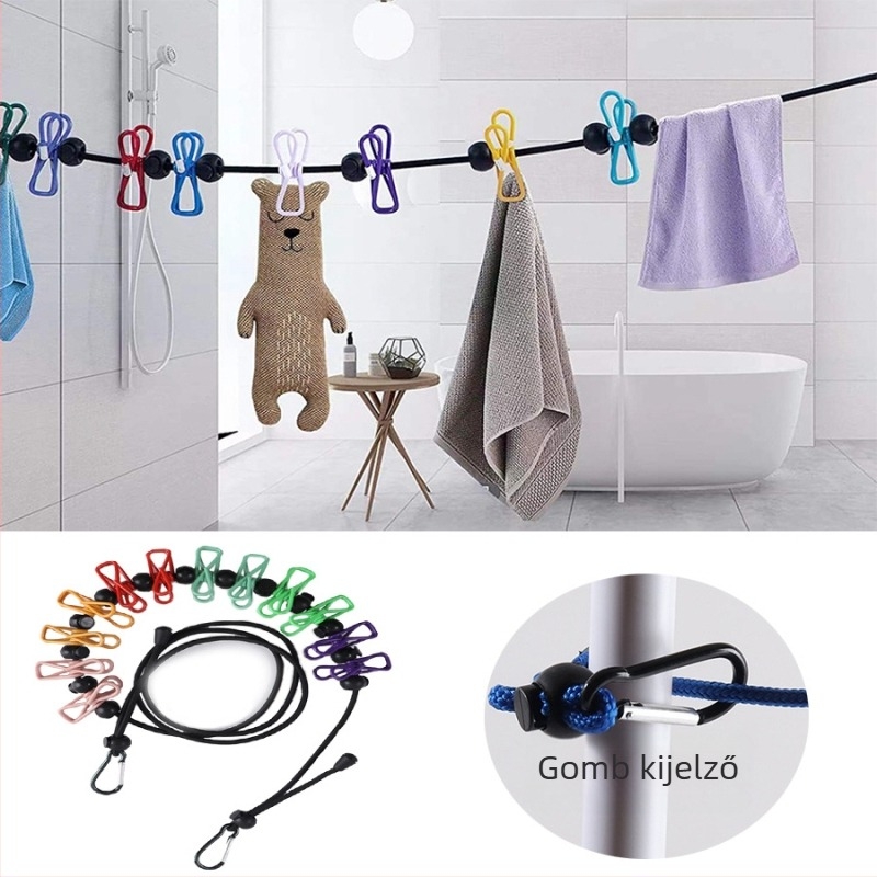 Ruhaszárító kötél – fúrás nélküli, utazáshoz hordozható, szélálló, műanyag bevonatú, összecsukható és állítható hosszúságú