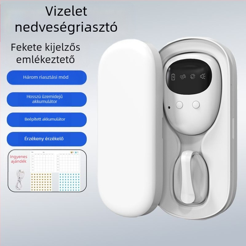 Vezeték nélküli nedvességriasztó monitor csecsemők és idősek számára — figyelmeztetési módok: csengés, rezgés vagy csengés+rezgés; készülék tömege 256 g; csomagolás 50 darab