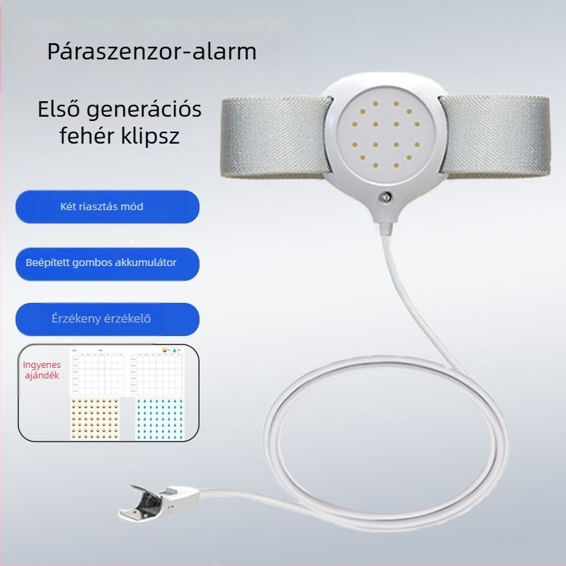 Vezeték nélküli nedvességriasztó monitor csecsemők és idősek számára — figyelmeztetési módok: csengés, rezgés vagy csengés+rezgés; készülék tömege 256 g; csomagolás 50 darab