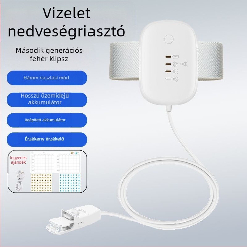 Vezeték nélküli nedvességriasztó monitor csecsemők és idősek számára — figyelmeztetési módok: csengés, rezgés vagy csengés+rezgés; készülék tömege 256 g; csomagolás 50 darab