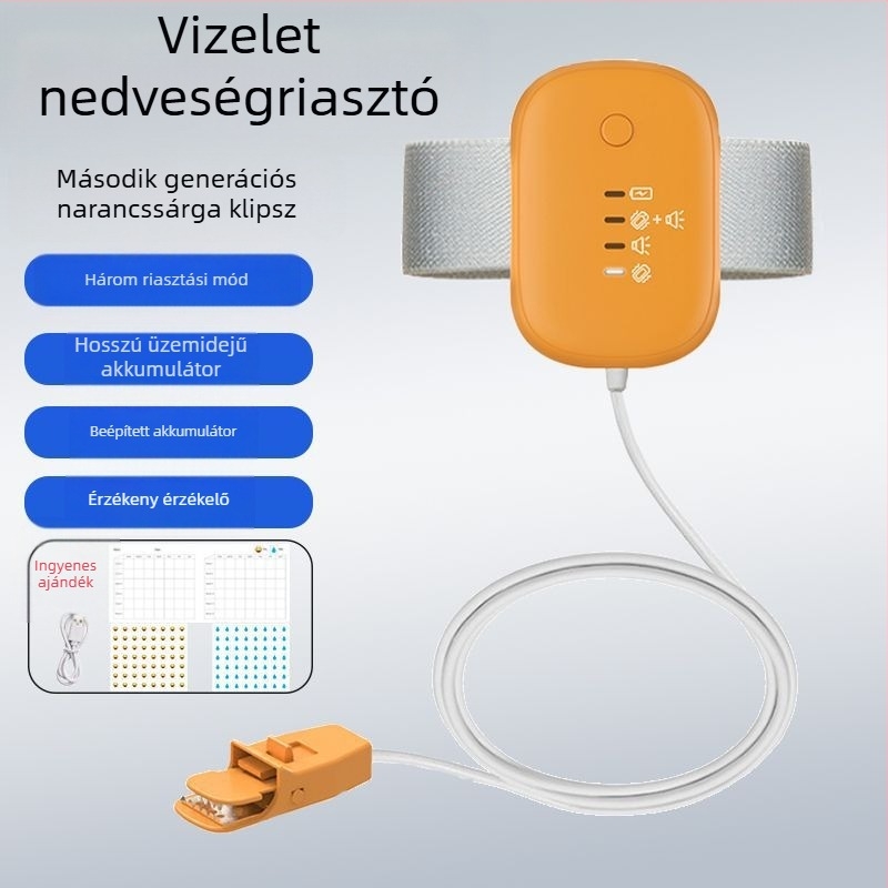 Vezeték nélküli nedvességriasztó monitor csecsemők és idősek számára — figyelmeztetési módok: csengés, rezgés vagy csengés+rezgés; készülék tömege 256 g; csomagolás 50 darab