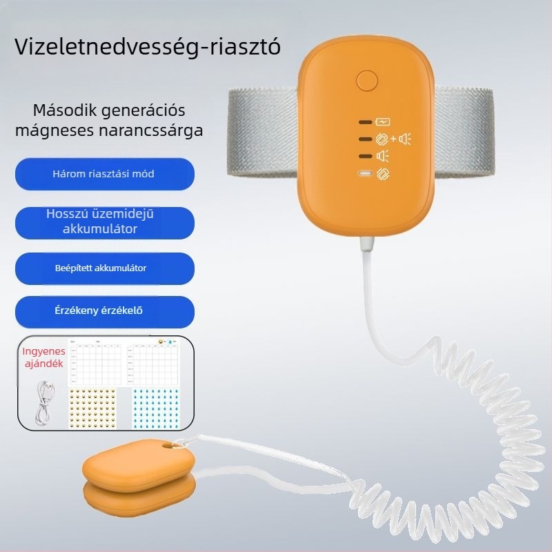 Vezeték nélküli nedvességriasztó monitor csecsemők és idősek számára — figyelmeztetési módok: csengés, rezgés vagy csengés+rezgés; készülék tömege 256 g; csomagolás 50 darab