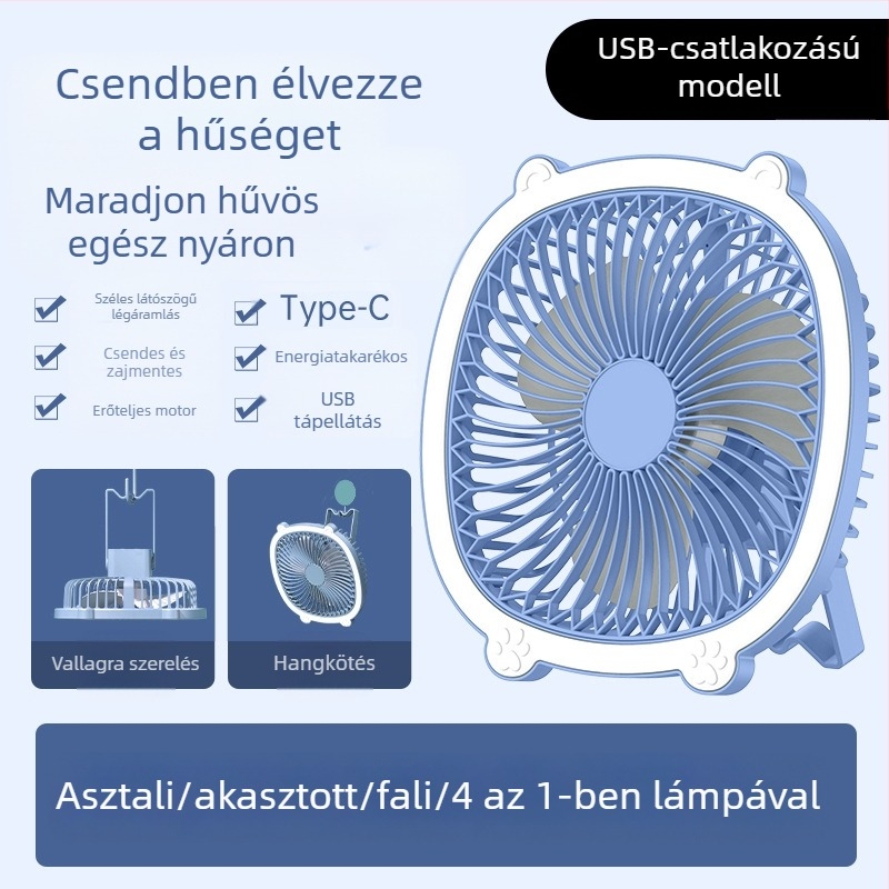 USB asztali lámpa ventilátor világítással, 3 sebességfokozat, mechanikus üzemmód, cserélhető akkumulátor
