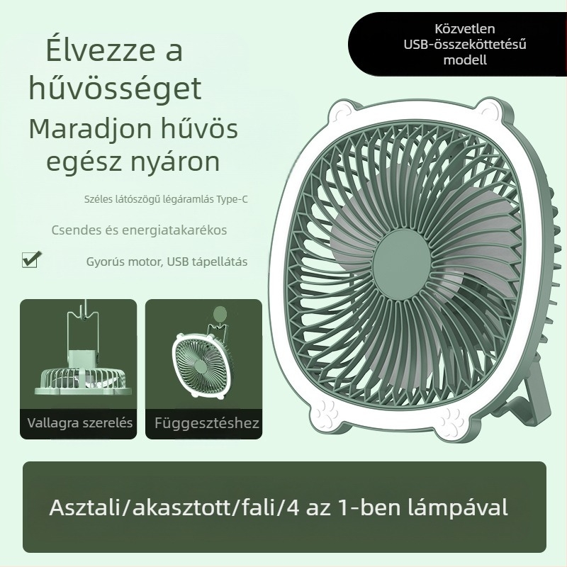 USB asztali lámpa ventilátor világítással, 3 sebességfokozat, mechanikus üzemmód, cserélhető akkumulátor