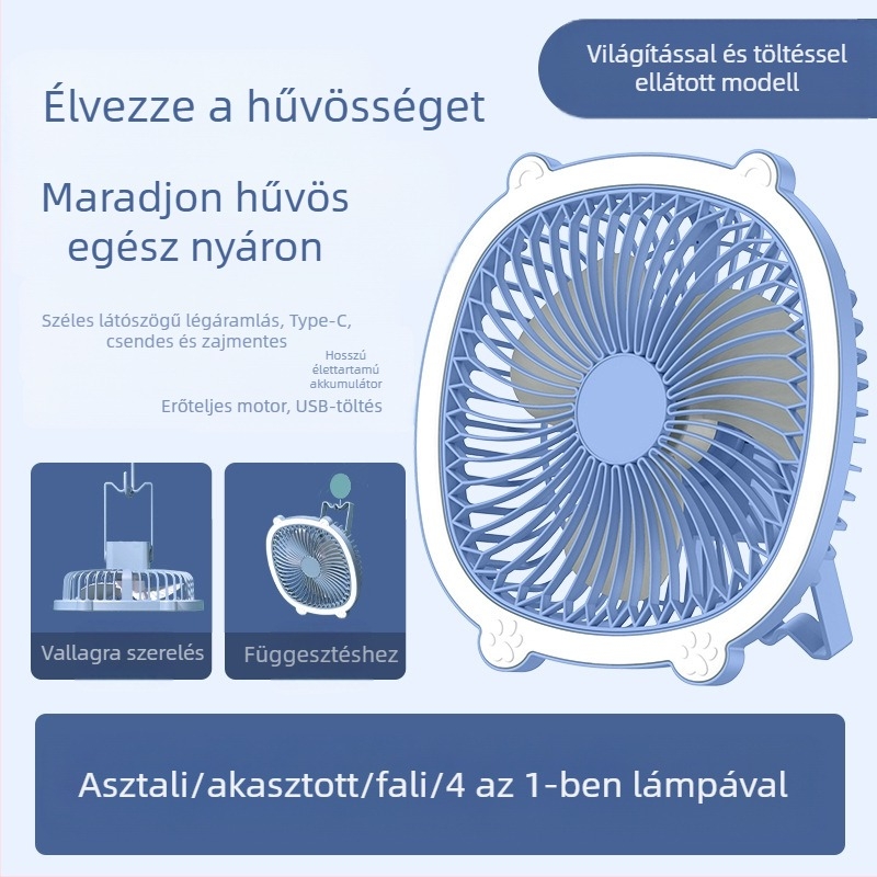 USB asztali lámpa ventilátor világítással, 3 sebességfokozat, mechanikus üzemmód, cserélhető akkumulátor
