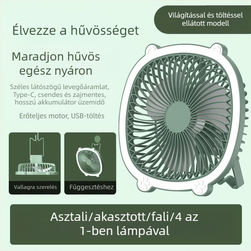USB asztali lámpa ventilátor világítással, 3 sebességfokozat, mechanikus üzemmód, cserélhető akkumulátor