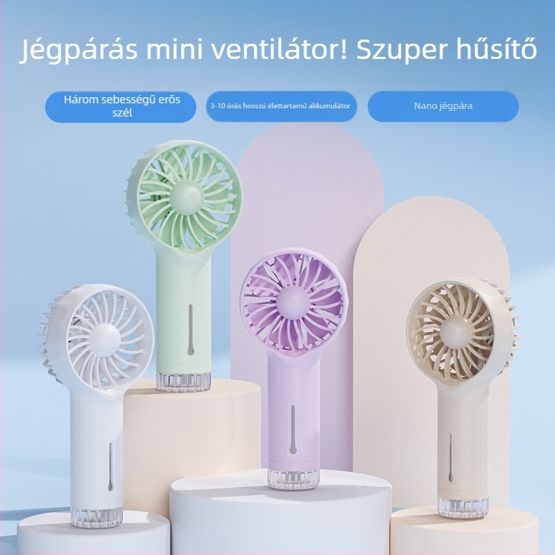 2026 Hordozható mini újratölthető kézi ventilátor párásító permettel, kültéri használatra, USB, 3 sebesség