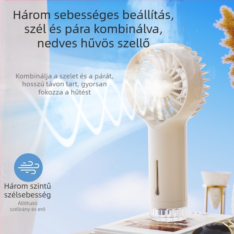 2026 Hordozható mini újratölthető kézi ventilátor párásító permettel, kültéri használatra, USB, 3 sebesség