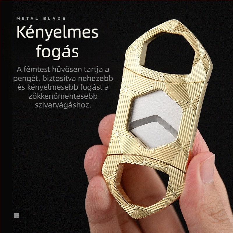 Szivarvágó kettős élezésű, hatszögletű pengével, hordozható fém dizájn (Anyag: Fém; Pengék: Zn ötvözet + rozsdamentes acél; Felület: elektrolitikus bevonat; Kézikönyv: Igen)