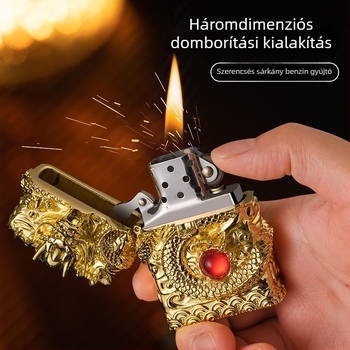 Kerozin öngyújtó, fém test, újrahasználható, modern minimalista stílus, szélvédő nélkül