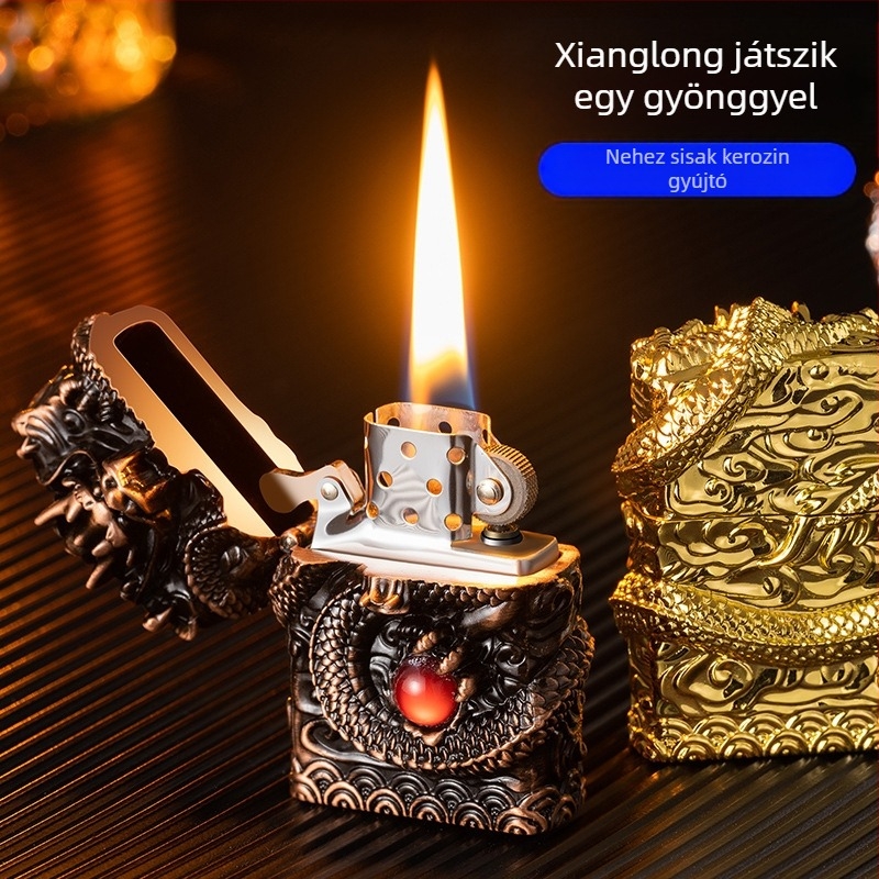 Kerozin öngyújtó, fém test, újrahasználható, modern minimalista stílus, szélvédő nélkül