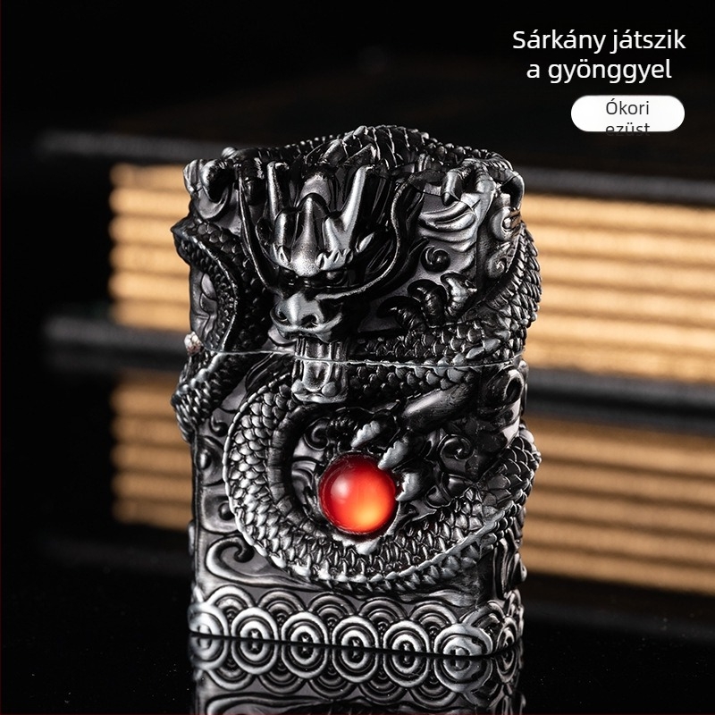 Kerozin öngyújtó, fém test, újrahasználható, modern minimalista stílus, szélvédő nélkül