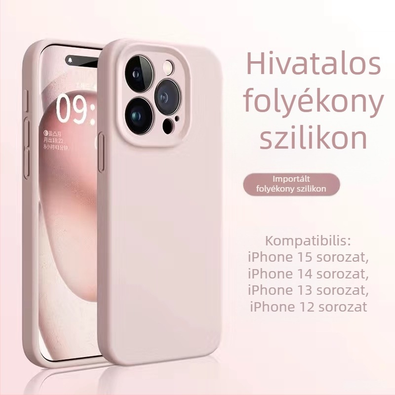 iPhone 14 folyadék-szilikon tok, bőrbarát érzet, prémium minőség, ütésálló, megerősített vastagított kialakítás.