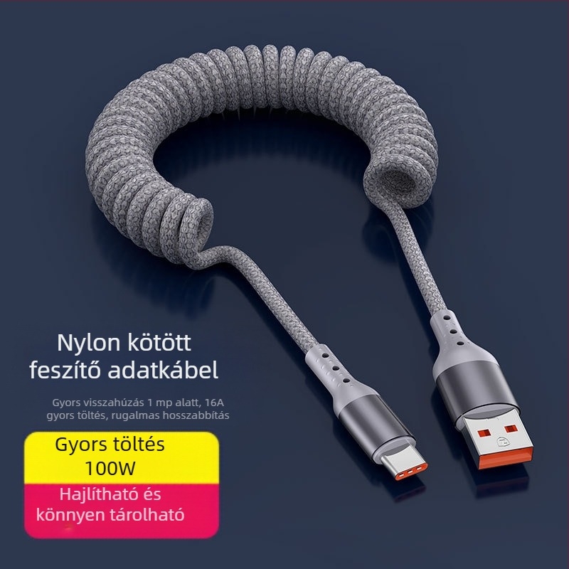 Nylon szövésű adatkábel, visszahúzható kivitelben, 100W gyors töltés, Lightning és Type-C csatlakozók, nejlon szövésű szerkezet