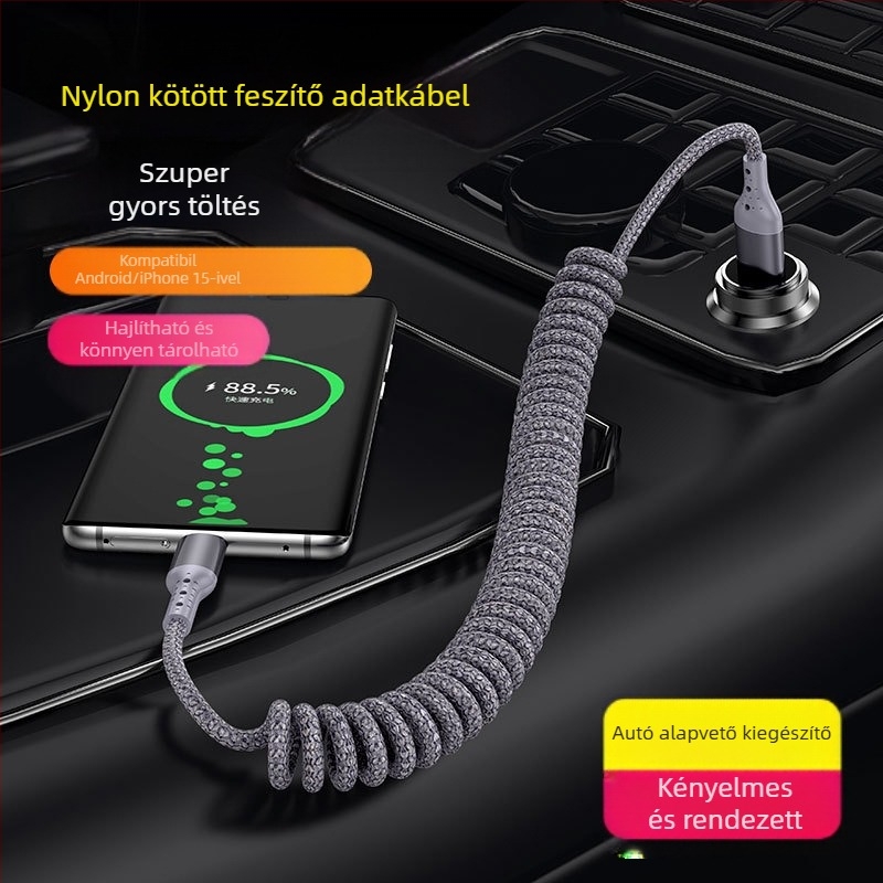 Nylon szövésű adatkábel, visszahúzható kivitelben, 100W gyors töltés, Lightning és Type-C csatlakozók, nejlon szövésű szerkezet