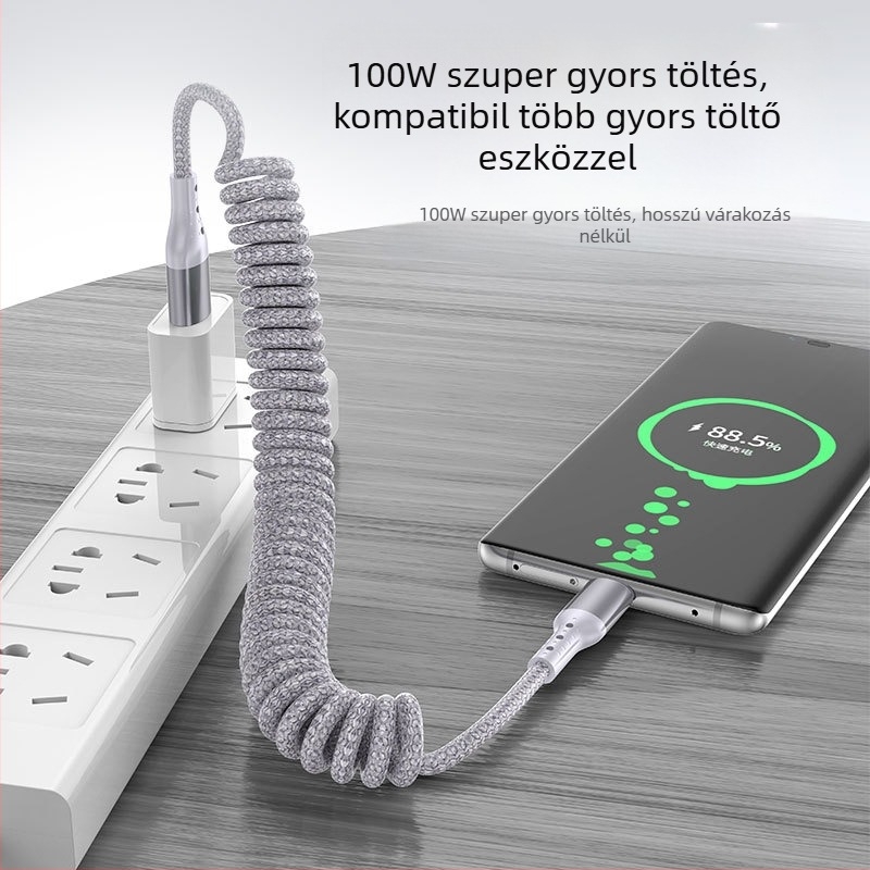 Nylon szövésű adatkábel, visszahúzható kivitelben, 100W gyors töltés, Lightning és Type-C csatlakozók, nejlon szövésű szerkezet